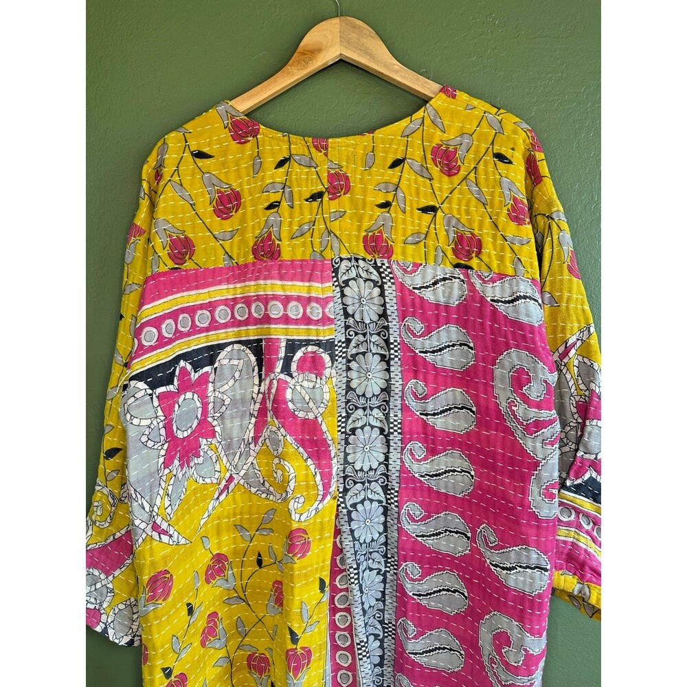 Women's Handmade Kantha Jacket Cotton Sari Robe Coat S/M Indian Boho Hippy OOAK - Picture 2 of 10